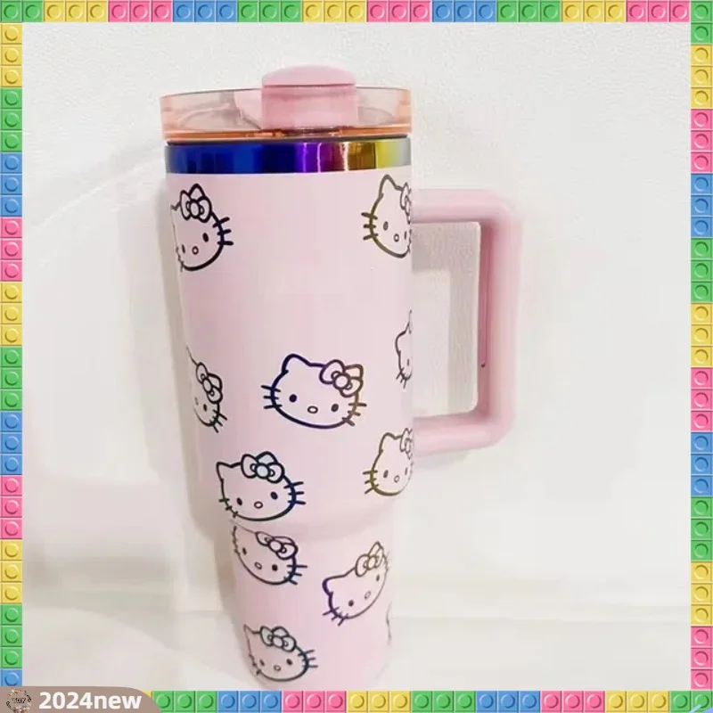 40Oz Hello Kitty Stainless Steel Insulated Mug with Handle Straw Mugs Large Capacity Thermos Drinks Coke Coffee Mug Drinking Cup