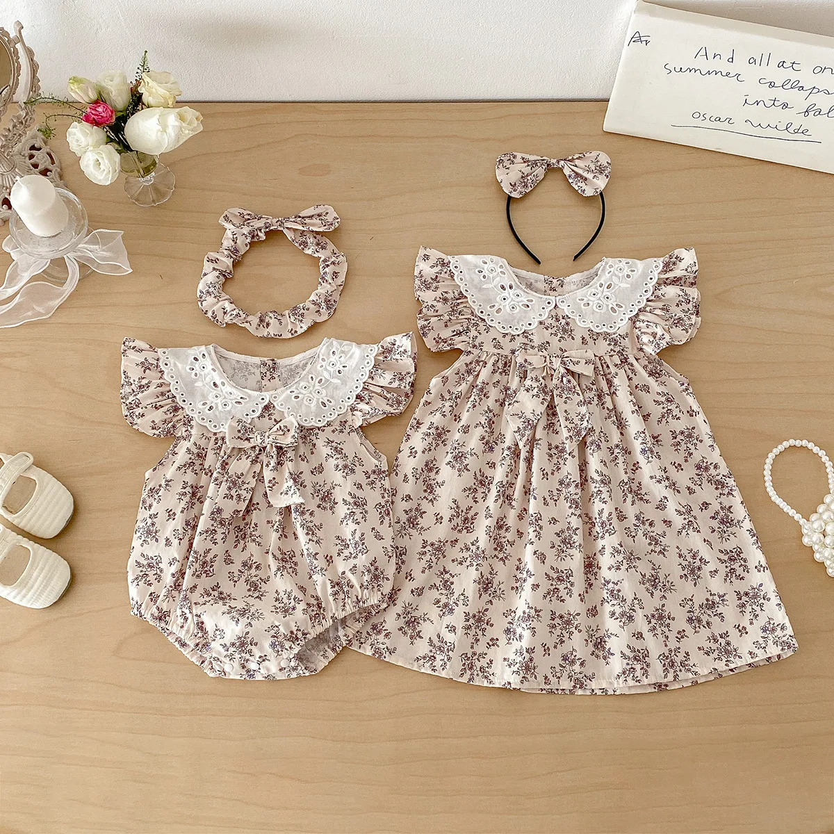 2026 Summer Matching Sibling Outfits Baby Bodysuit & Toddler Dress Floral Lace Ruffle Sleeve Matching Set with Bow Headband