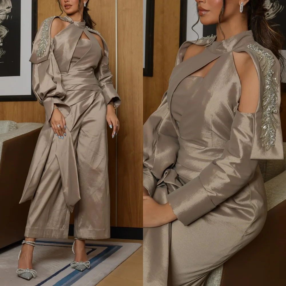 Elegant Halter Straight Leg Pants Homecoming Dresses Rhinestone Satin Formal Occasion Gown فستان سهرة  فخم للسهرات party dr