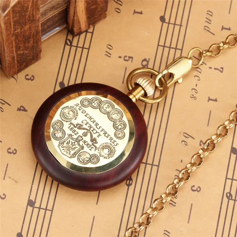Vintage Skeleton Handwinding Mechanical Pocket Watch Antique Wooden Case with Roman Numerals Dislplay Unisex Gift with FOB Chain