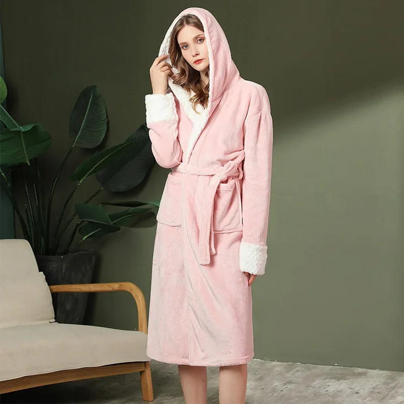 Winter Women's Bathrobe Long Sleeve Hooded Thick Ladies Fleece Dressing Gown Long Sleeve Solid Pockets Bath Robe for Female