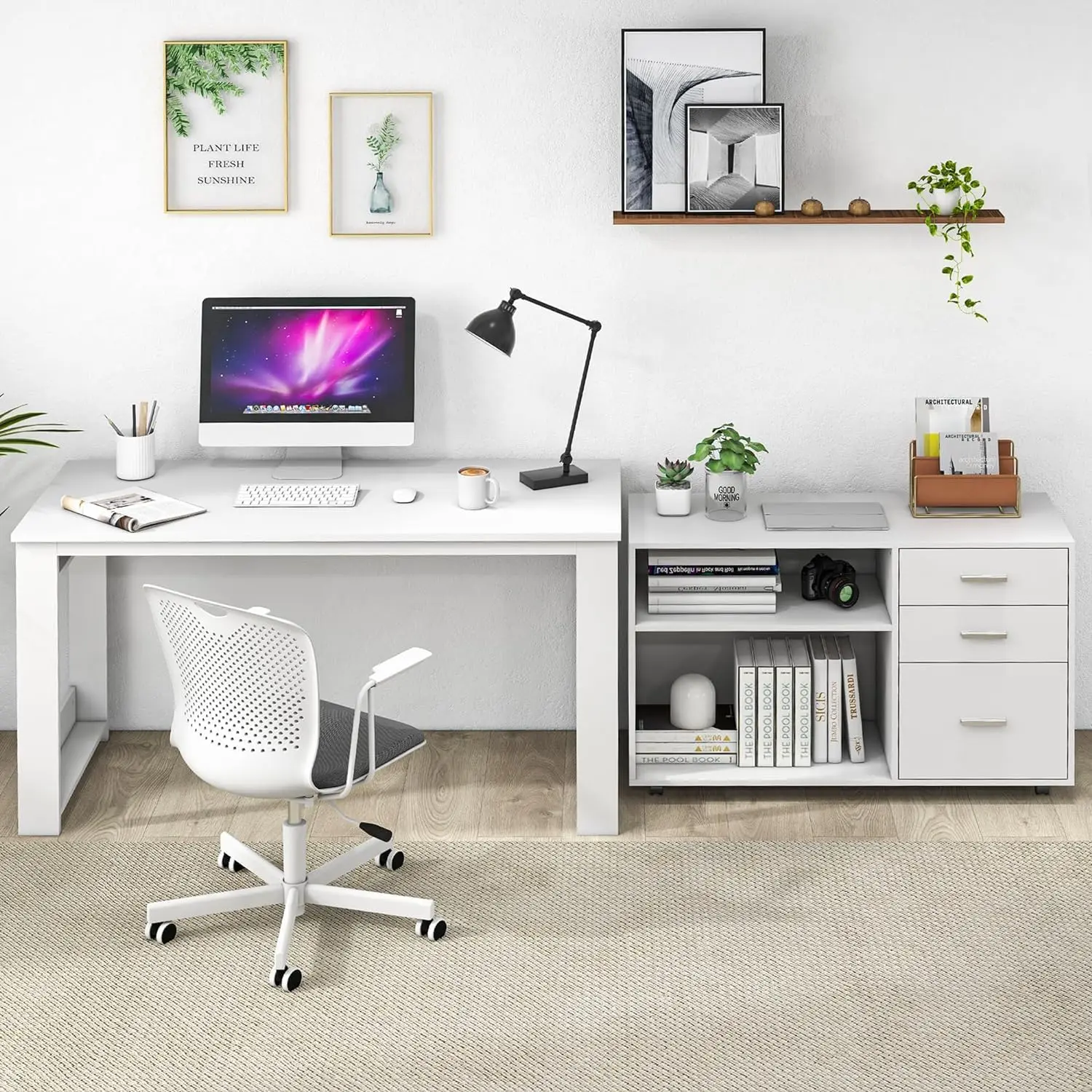 MU White L Shaped Desk with Drawers, Corner Desk with 3 Drawers and 2 Shelve, Executive Office Desk with Storage File Cabinet