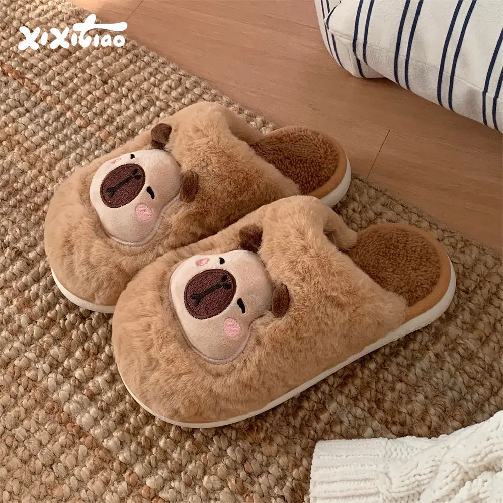 

Couple Cotton Slippers Unisex Cute Capybara Furry Design Winter Indoor Home Ins Style Slippers