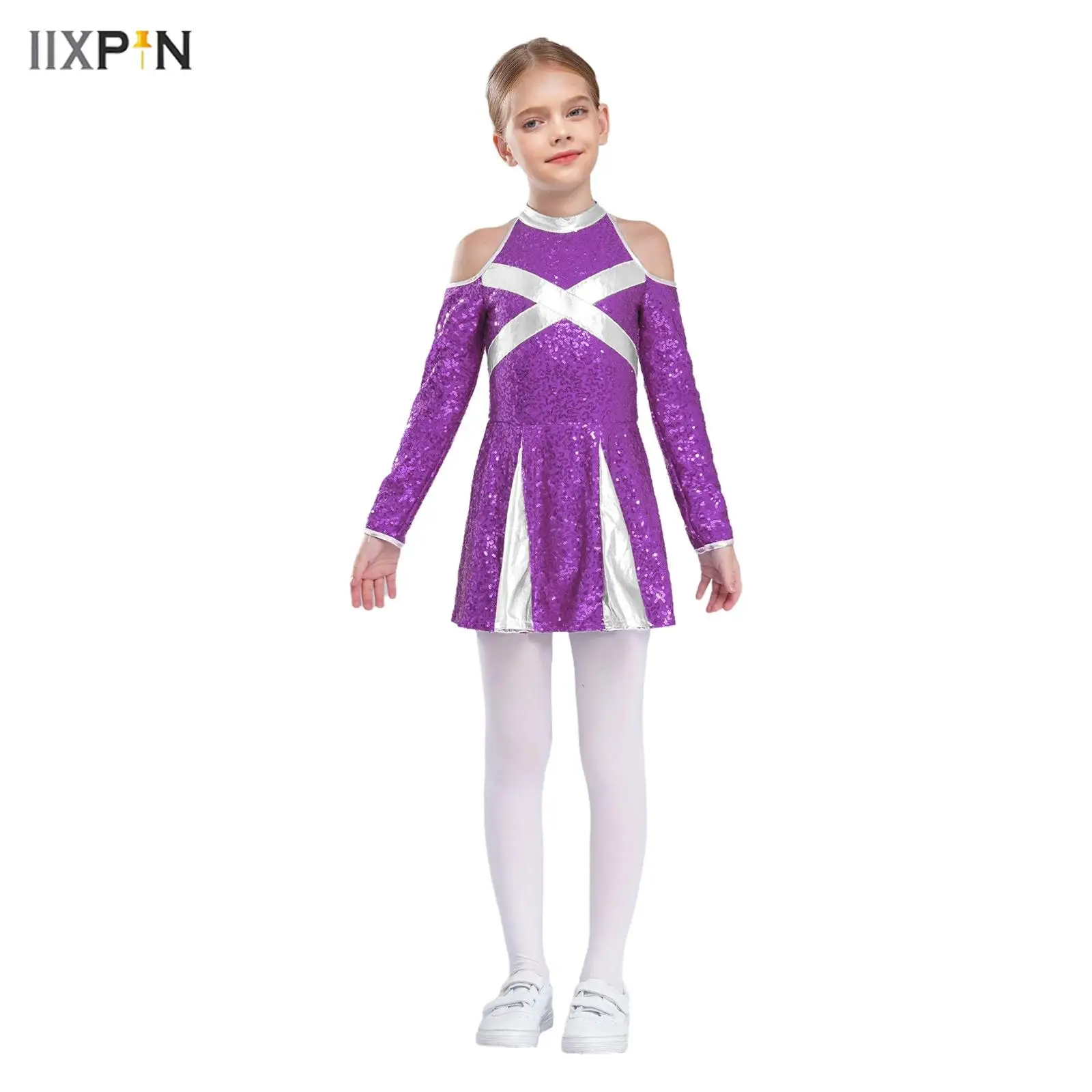 

Kids Girls Cheerleading Performance Costume Cold Shoulder Long Sleeve Color Block Sequins Dress School Girls Jazz Dance Costume