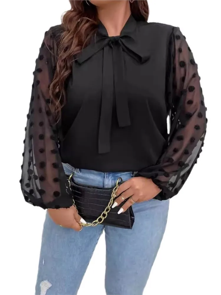 Blusa feminina de manga comprida bordada em bolinhas, senhoras vêem através de tops de malha, solta, patchwork, plus size, outono, moda