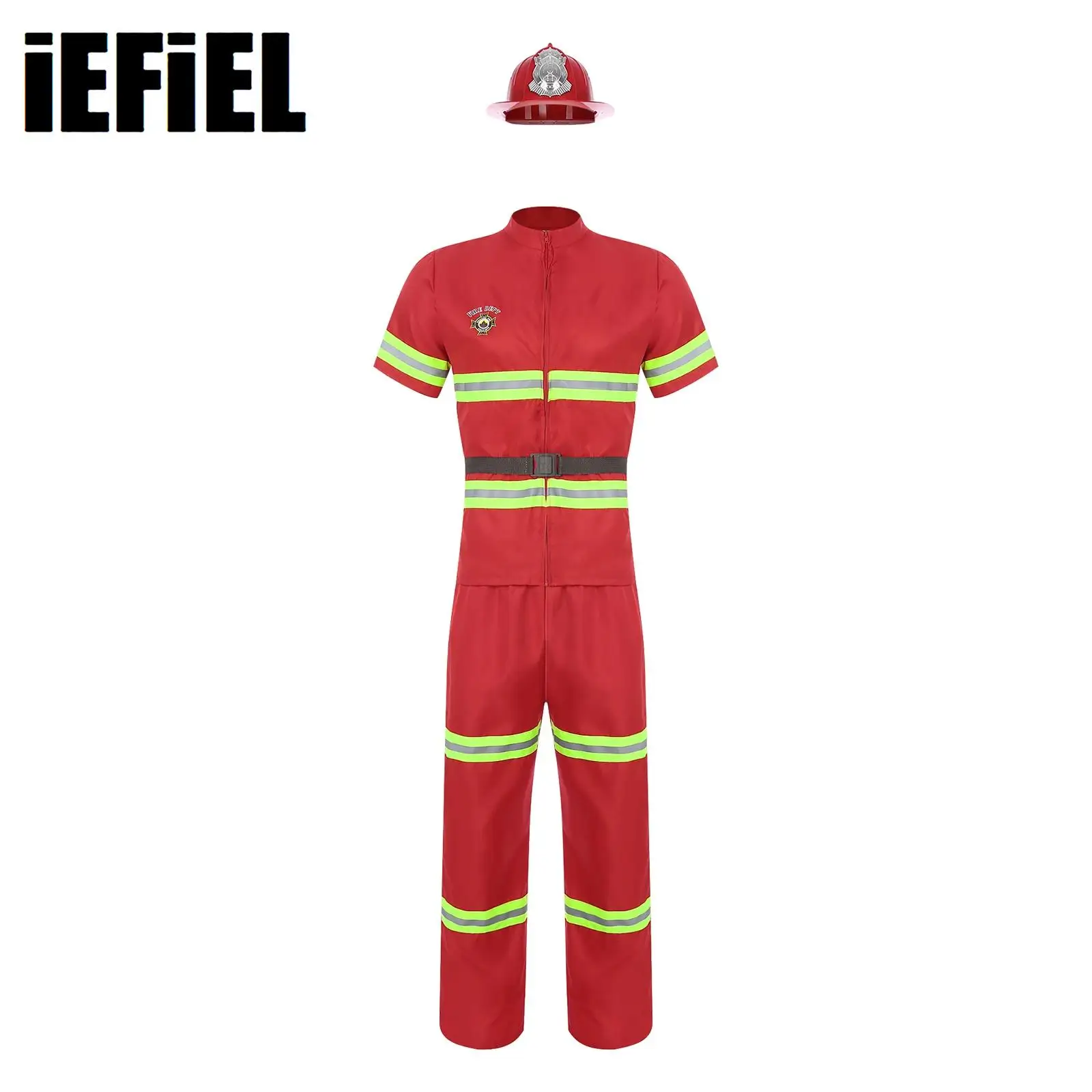 

Mens Firefighter Dress Up Costume 4-piece Suit Plastic Helmet Short Sleeve Jacket Coat Pants And Belt Reflective Stripes Set