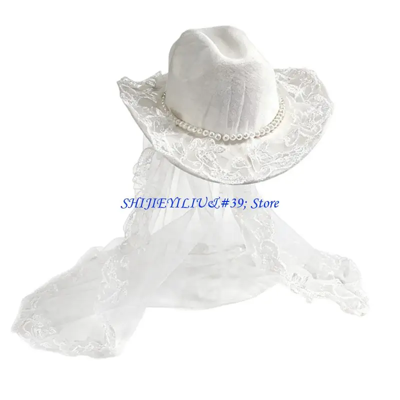 E21F Wide Brims Cowboy Cap for Brides With Veil Pearls Elegant Headpiece for Western Wedding Celebration Photography Props