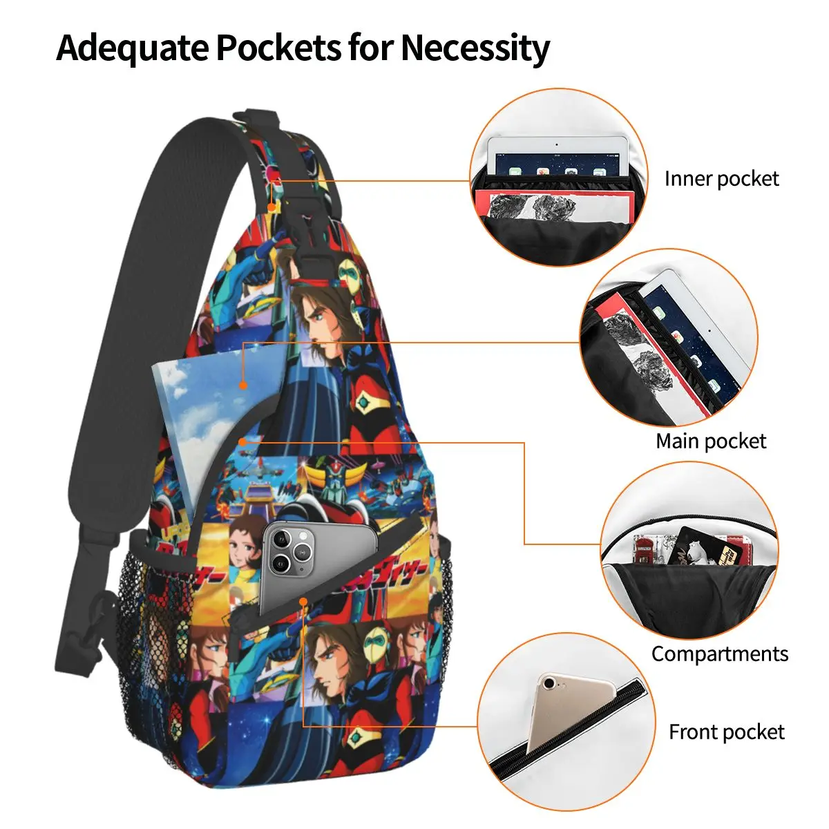 UFO Robot Grendizer Crossbody Sling Bag Pattern Chest Bag Mazinger Z Shoulder Backpack Daypack for Travel Hiking Sports Pack