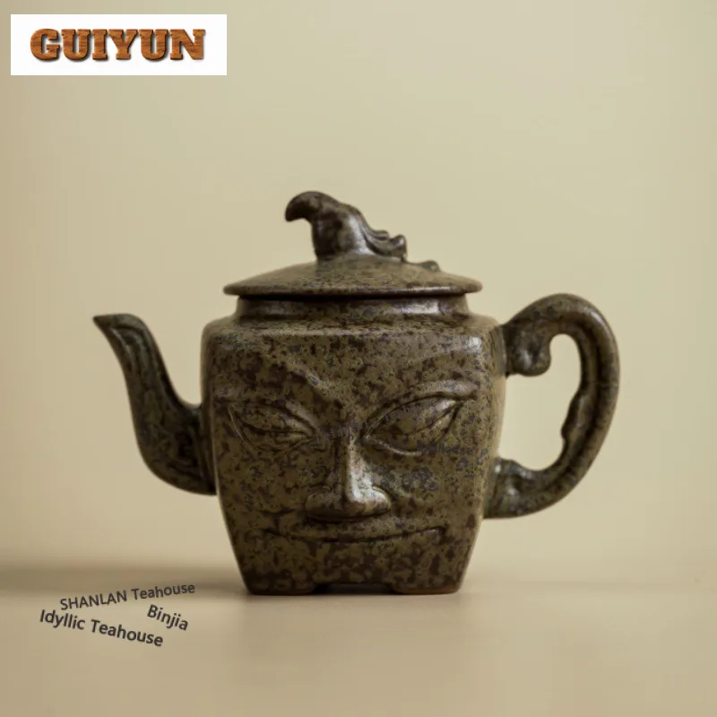 160ml Sanxingdui Mask Ceramic Teapot Retro Tea Infuser Pot Tea Soaking Kettle With Ball Hole White Tea Tea Items Supplies Craft