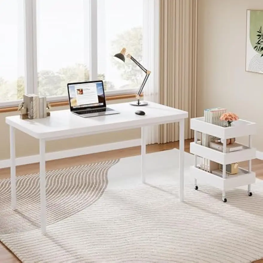 Simple White Home Office Desks with 3-Tier Wood Storage Cart, Modern Study Table Work Desk Workstation for Bedroom, Small Spaces