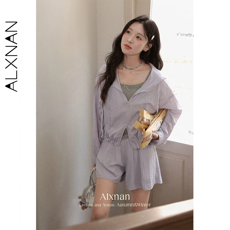 ALXNAN สีม่วงเสื้อฮู้ดสั้นซิปสายรัดหลวมเสื้อ 2025 ฤดูใบไม้ร่วงบางสบายๆเสื้อแขนยาวหญิง L56706