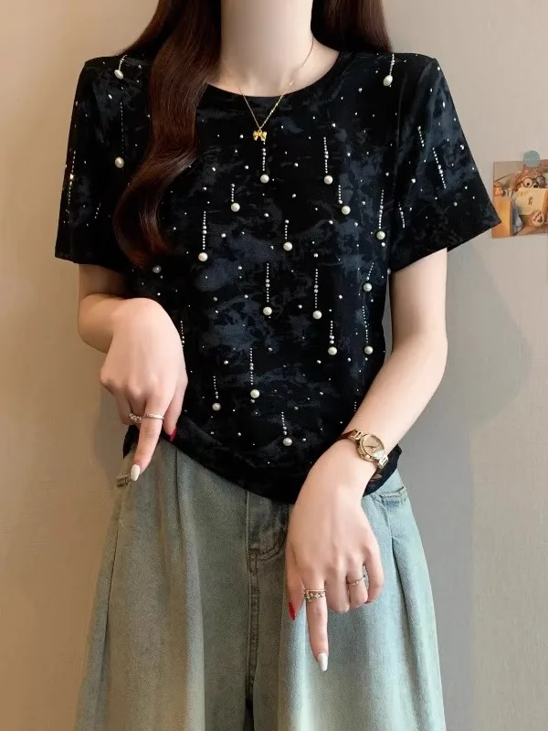 

Slim Fit Short Sleeve Tie Waist T-Shirt Women's Summer plus Size Elegant Dyeing Design Heavy Beading Casual Fashion Top