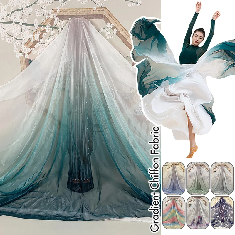 1/3/5M Ancient Style Gradient Color Chiffon Fabric 30D Organza Tulle Bright Silk Wrinkled Chiffon Diy Hanfu Dress Stage Decor