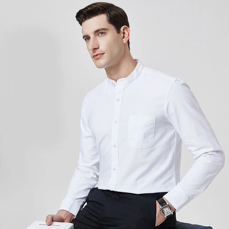 Stand Collar Cotton Oxford Shirts For Men Long Sleeve Solid Color Casual White Shirt Blouse Pocket Regular-Fit Men's Clothing