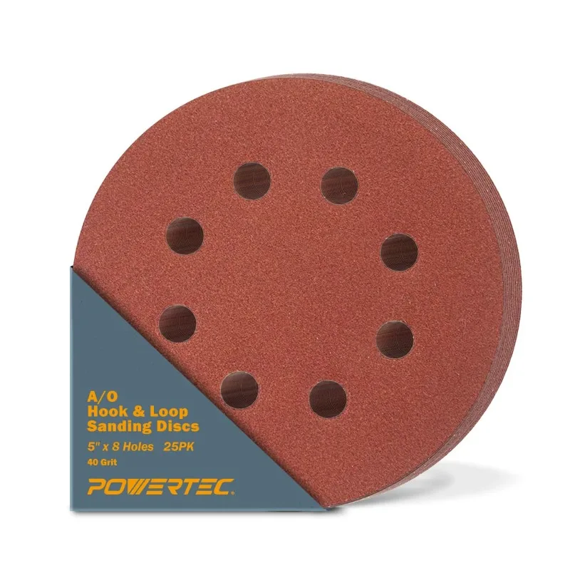 

POWERTEC 25PK, 40 Grits, Sanding Discs 5 Inch - Hook and Loop, 5 Inch 8 Hole Aluminum Oxide Sandpaper Discs, Woodworking Sanding
