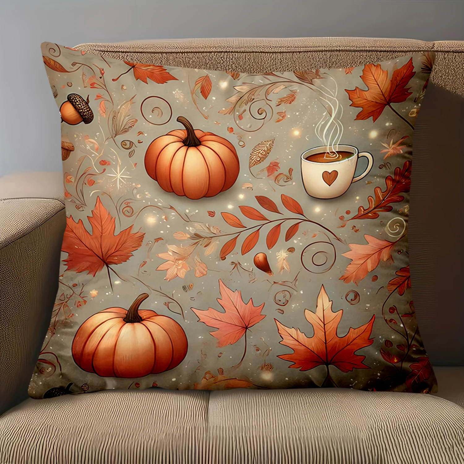 1 Pieces - 2D flat printing Autumn Pumpkins Leaves Cup  Throw Pillows Polyester pillowcase, sofa decorative cushion cov