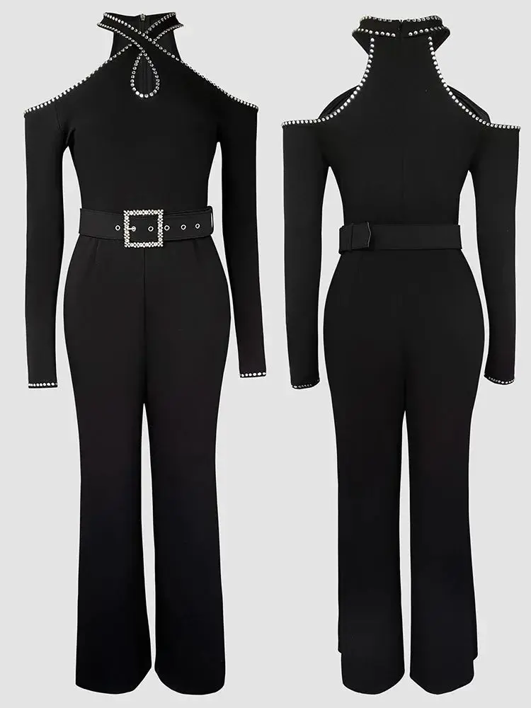 Rhinestone Decor Halter Cold Shoulder Long Sleeve Jumpsuit Hollow-out Front Zipper Back with Belt Overalls for Women One Pieces