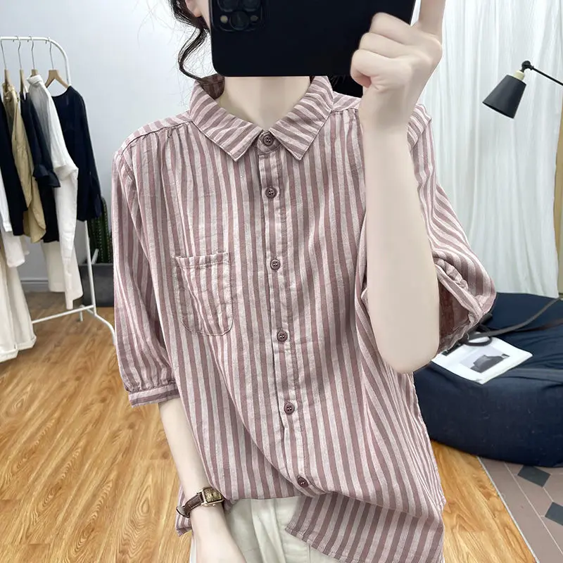 Spring Autumn Summer Women\'s Clothing Button Up Cardigan Turn-down Collar Striped Contrast Color Shirt Casual Half Sleeve Tops