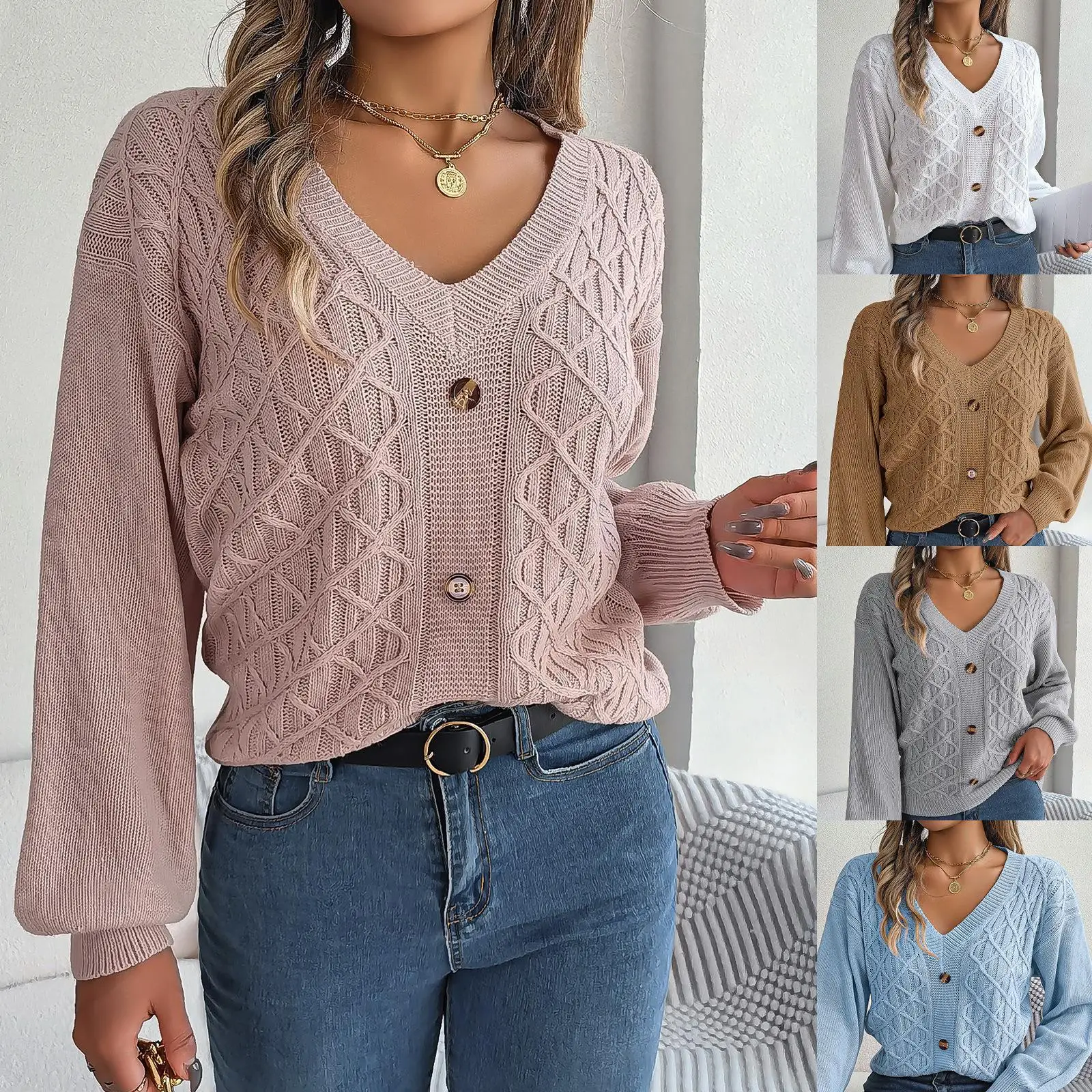 

Autumn Winter Women's Knitted Sweater with Button Lantern Sve Casual Loose Fit Overhead Top Independent Station Cross Border