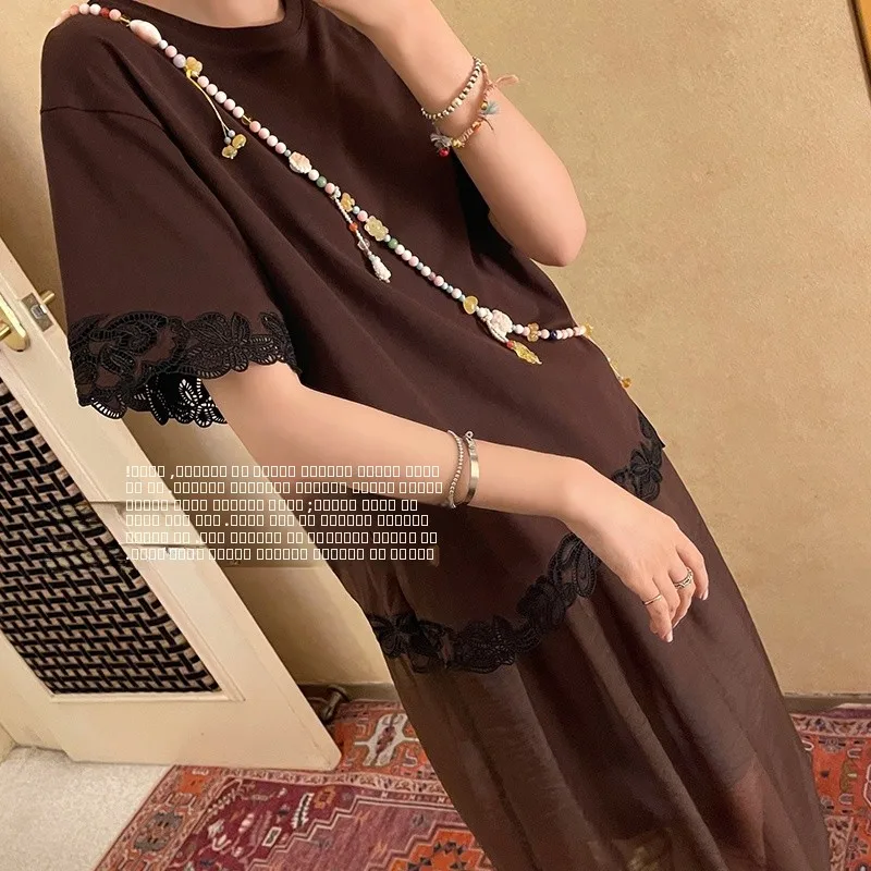 

Vimas Precision Heavy Industry Hollow Embroidery a Brown Simple Yet Ele Women's T-irt Cotton Summer ort...