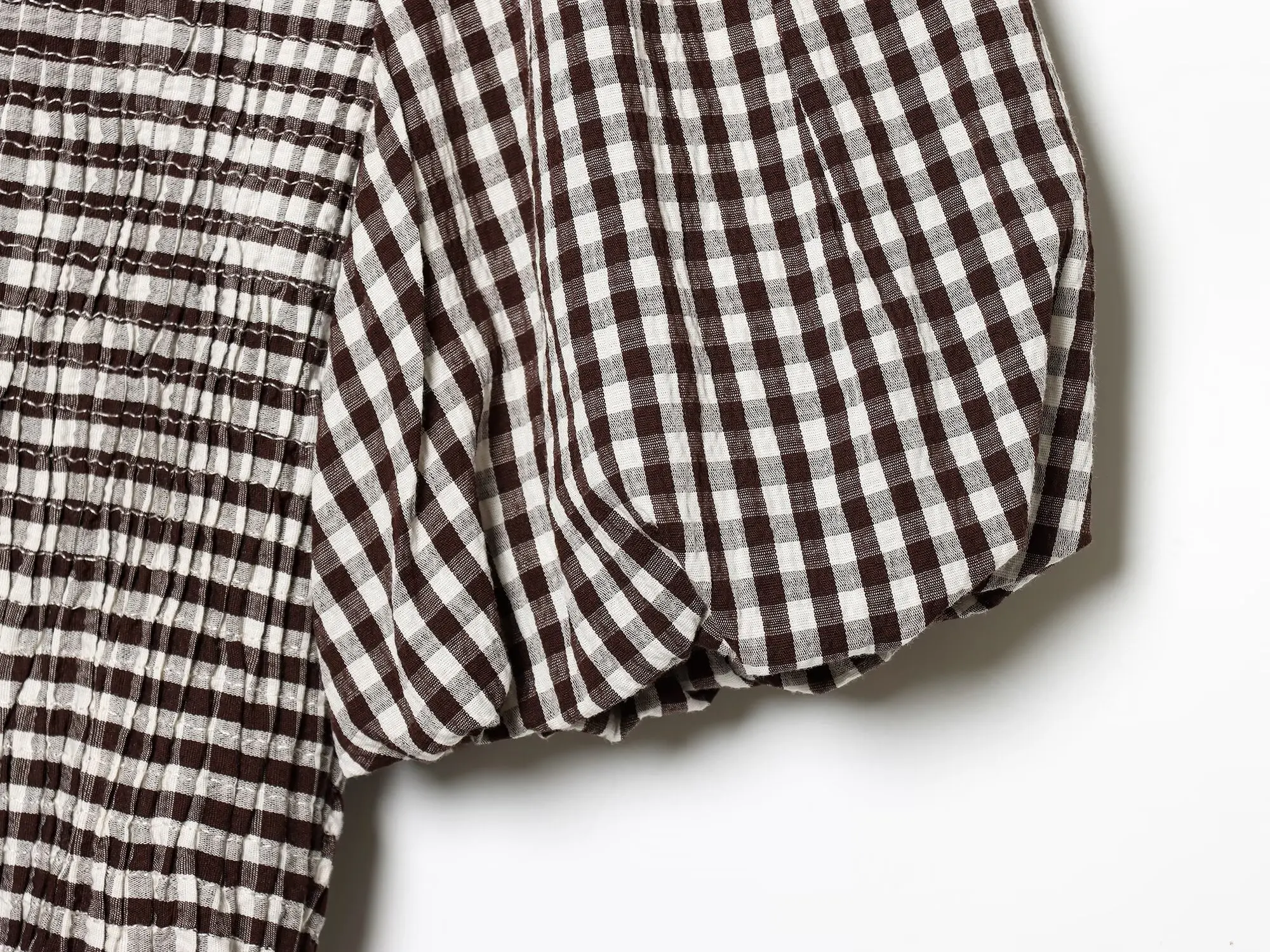 HH Vintage Damen Bluse mit Rüschensaum, elegantes Party-Shirt, modische Strand-Urlaubsbluse, kurze Puffärmel, lässige Sommer-Karo-Bluse, schmal geschnitten – Detail 7