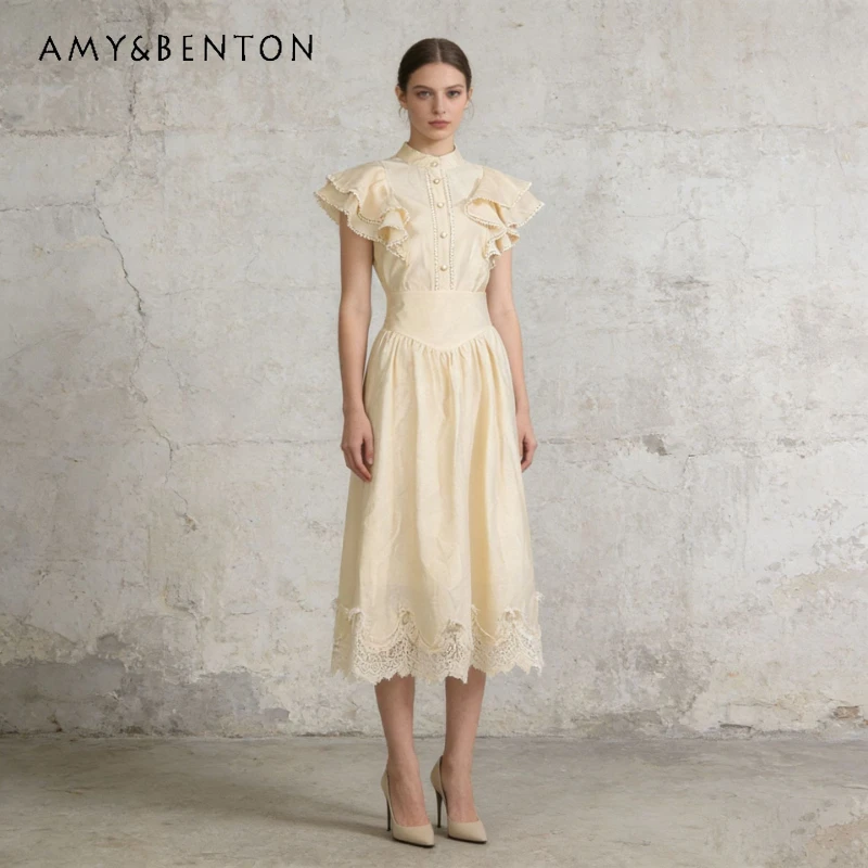 

2026 New Single-breasted Small Fly-sleeved Women's Top High Waist Slimming A-line Skirt Retro Romantic Style Skirts Suit Ladies