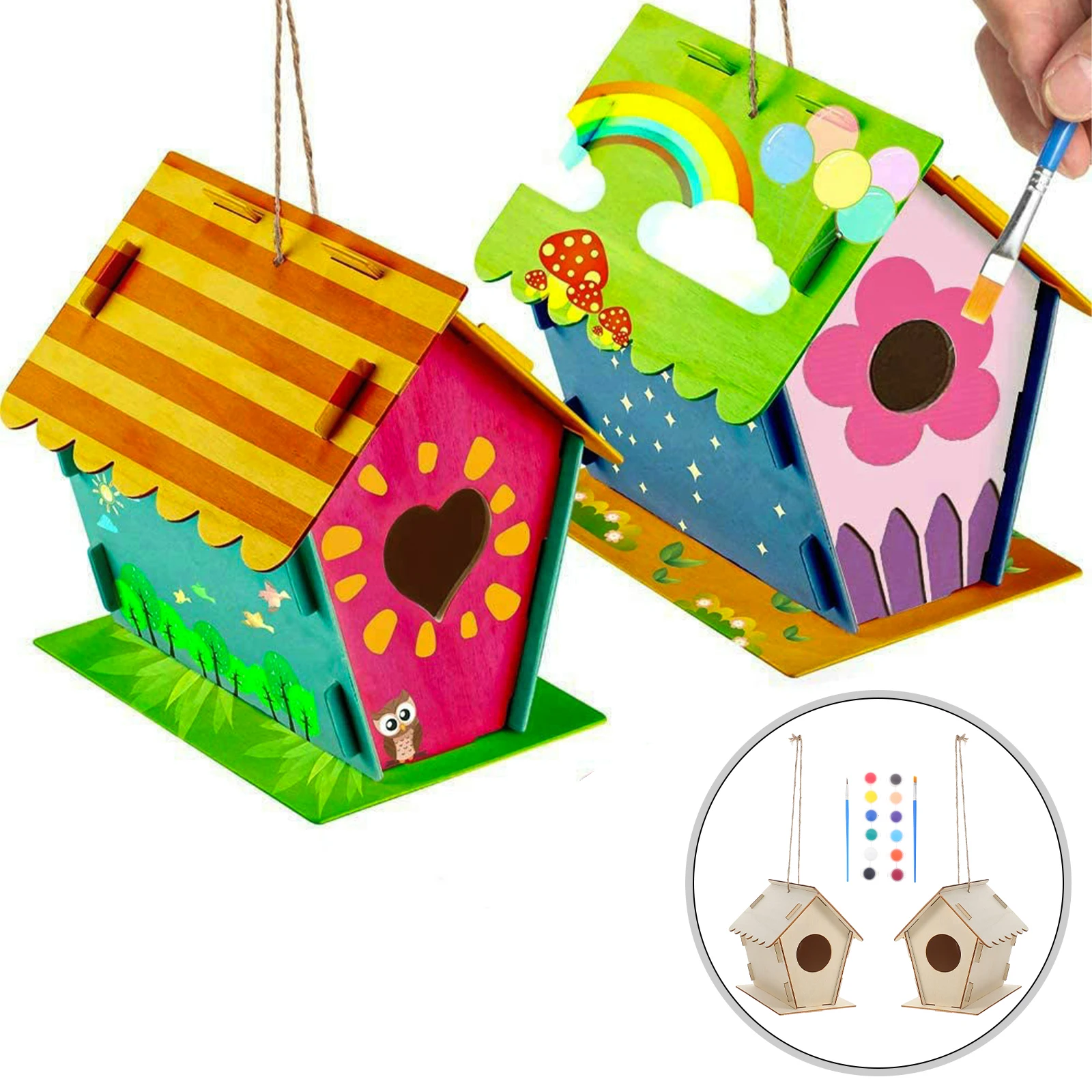 

2 Sets Wooden Bird House DIY Nest Craft Kids 12 Colors 2 Pens Glue Ropes Hanging Decor Christmas Tree Door Lightweight Assemble