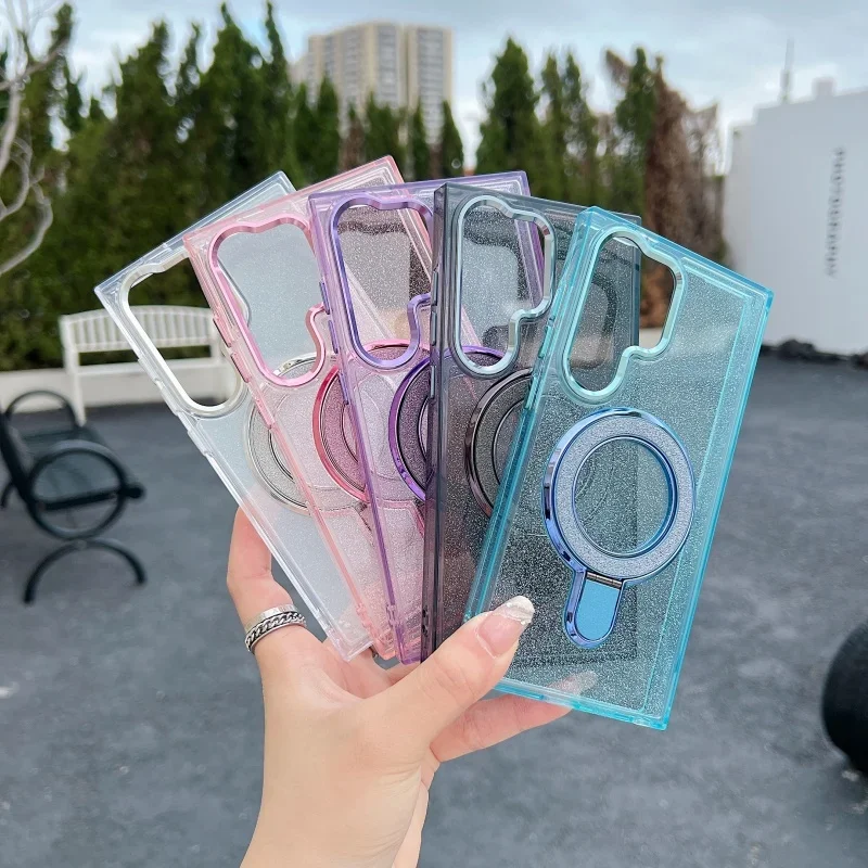 

Роскошный блестящий порошок, складной магнитный металлический чехол-подставка с кольцом для Samsung Galaxy S25 S24 S23 Ultra Plus, противоударный защитный чехол
