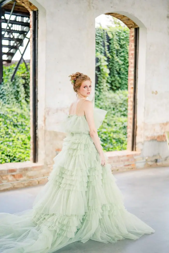 Garden Mint Green Fluffy Tiered Tulle Prom Gowns Princess Sweet A-line Long Bridal Dresses Mesh Long Tulle Robe Color Free