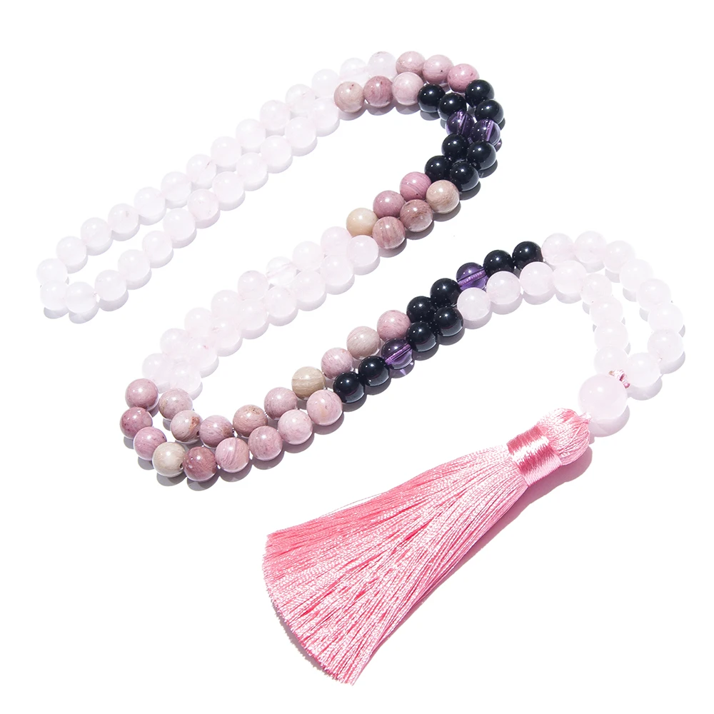 8mm Natural Rhodolite Rose Quartz 108 Mala Beads Necklace Men and Women Meditation Prayer Rosary Japamala Jewelry Set image 6