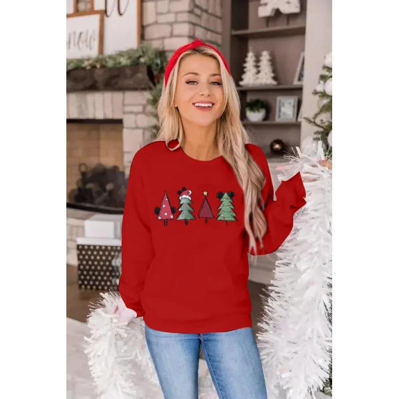 Women's Christmas tree red pullover holiday round neck sports shirt long sleeved top