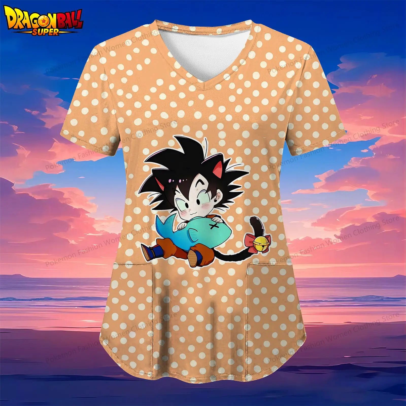 

Dragon Ball Women's V Neck Nurse Uniform T-Shirt Pocket Kakarotto Street Wear Woman Clothing Anime S-2XL Short Sleeve Tee Y2k