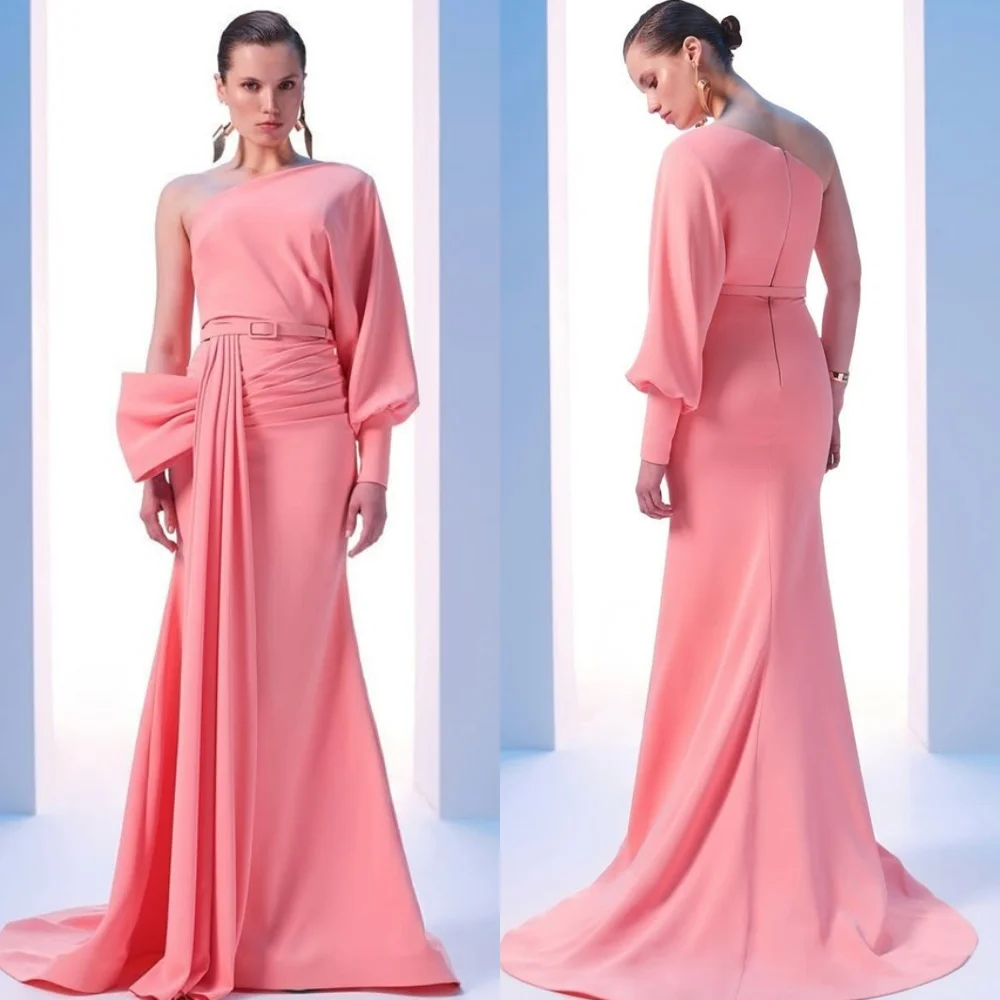 

Customized Delicate Dark Pink Jersey Evening Dress Exquisite One Shoulder Long Sleeves Zipper Back Mermaid Homecoming Dress
