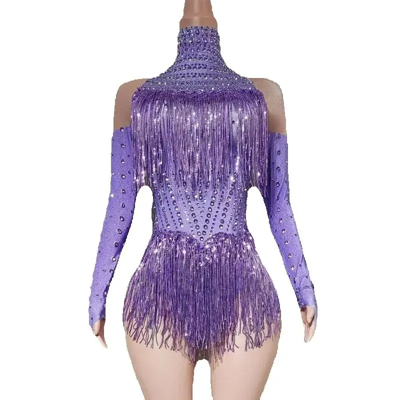 Kostium Drag Queen Fioletowy Kombinezon z Frędzlami i Cyrkoniami Damski Strój do Tańca na Rurze Bar DS DJ Rave Outfit Sceniczny Strój Gogo XS9668