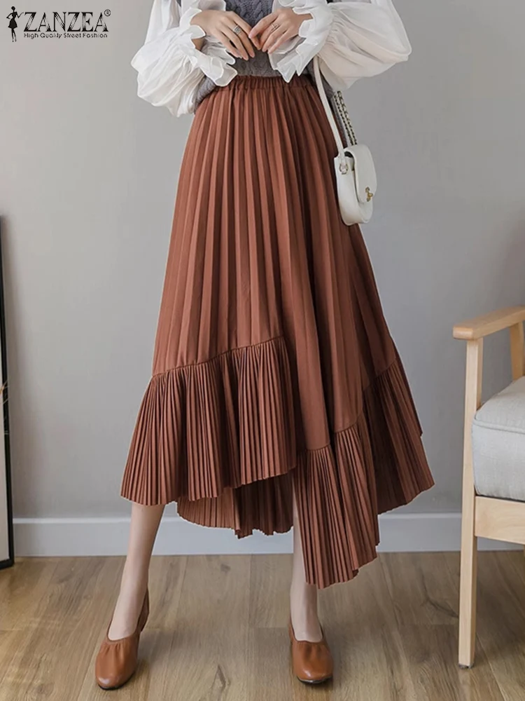 

ZANZEA Women Casual Mid-Calf Skirts Asymmetrical Hem Pleated Overskirts 2025 Summer Solid Color Elegant OL Elastic Waist Bottoms