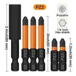 Pozidriv-Jeu d'embouts de tournevis Phillips, perceuse à percussion à tige hexagonale de 1/4 pouces, 30mm, 50mm, jeu de tournevis PZ2 avec support, 6 pièces