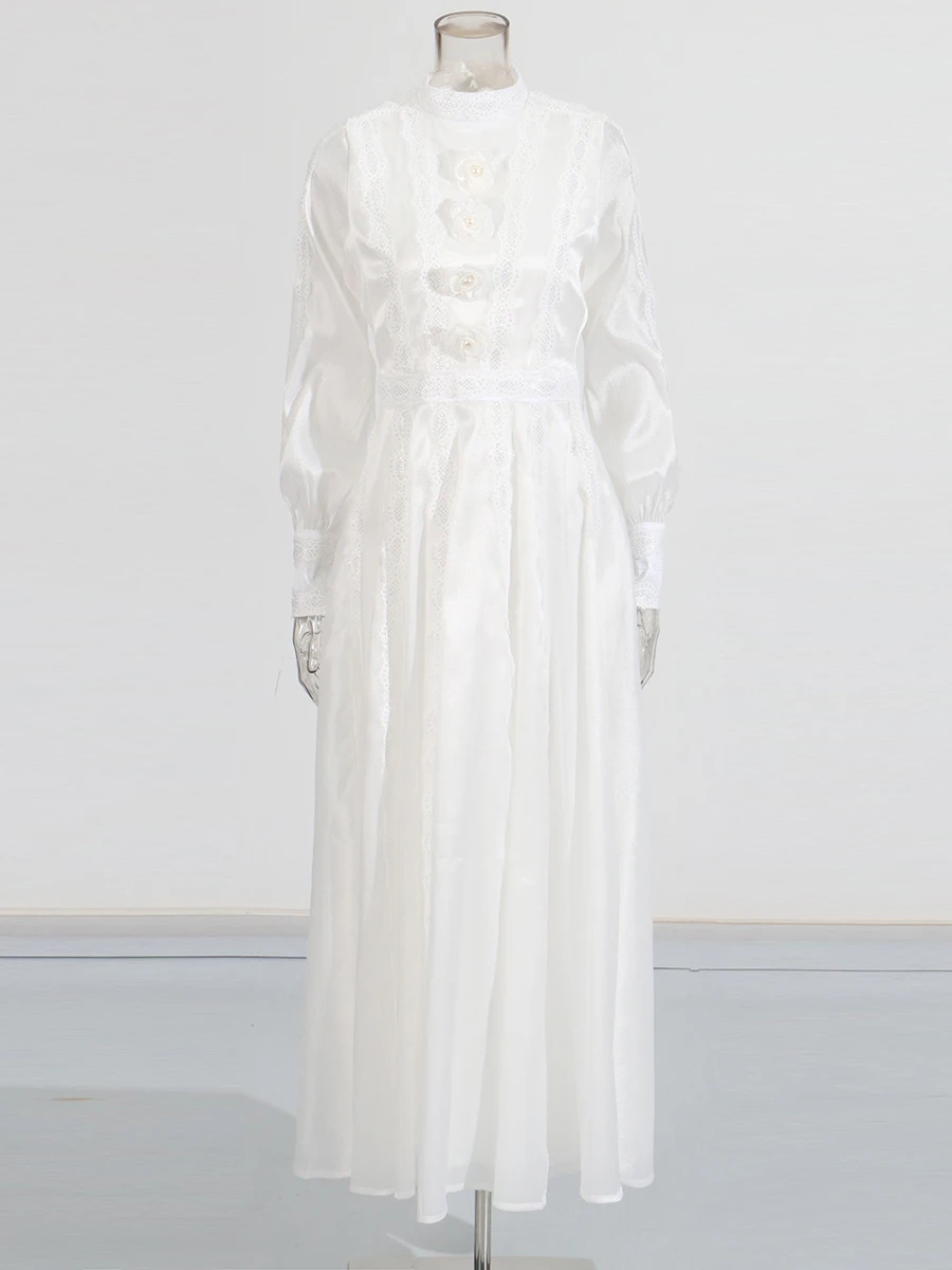 CHICEVER Spliced Floral SHEER Elegant ชุดผู้หญิงยืนคอโคมไฟแขนเอวสูงชุด Maxi กับเลื่อมหญิง