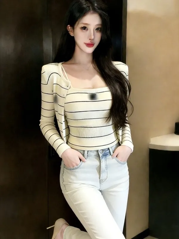 

Spring New Arrival Women's Knitted Stripe Open Cardigan Strap Vest Set Small Fraance Sle Casual Faion Ensemble