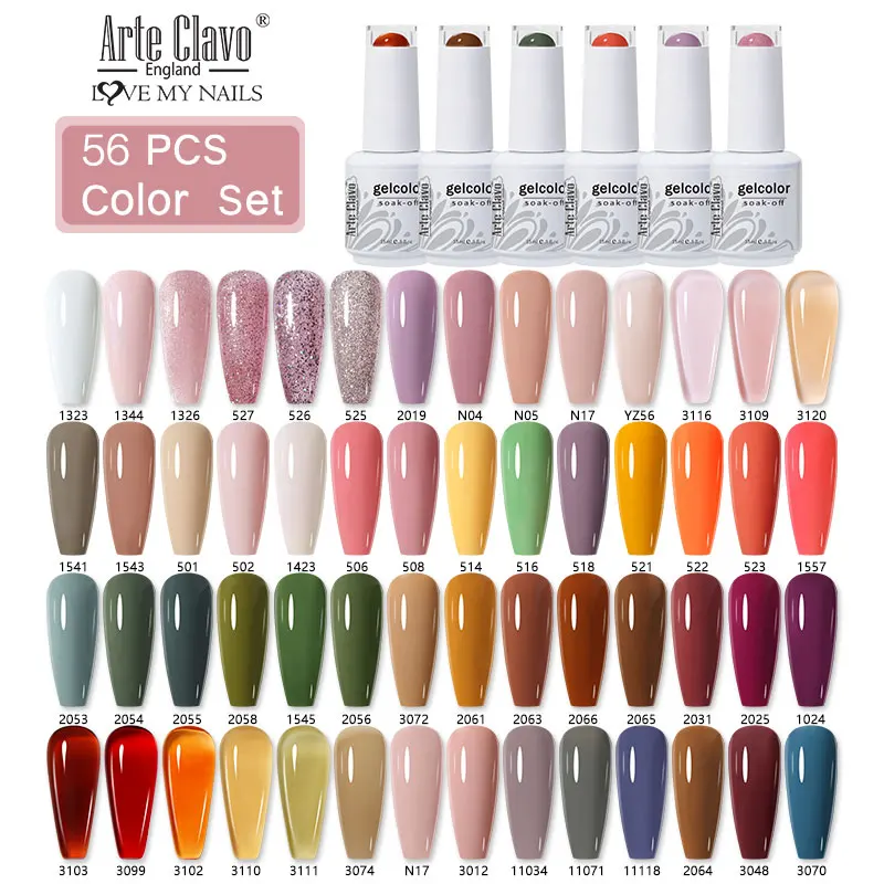 Arte Clavo 56Pcs Set 15ml Color Series Gel Nail Polish Set Semi Permanent LED UV Nail Kit Base Matte Top Coat Nail Art Manicure