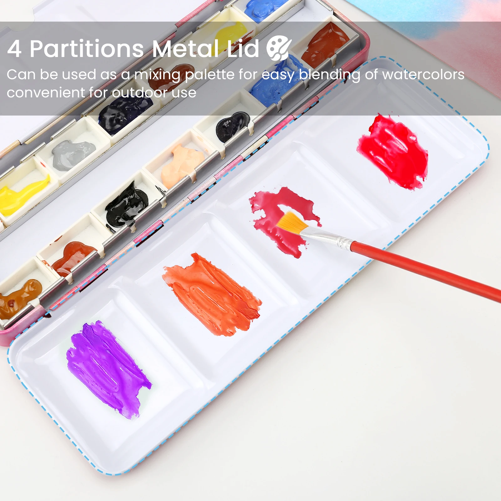 Watercolor Palette Empty w/Paint Tray & 14 Watercolor Pans - Empty Watercolor Palette Tin - Travel Watercolor Palette with Lid