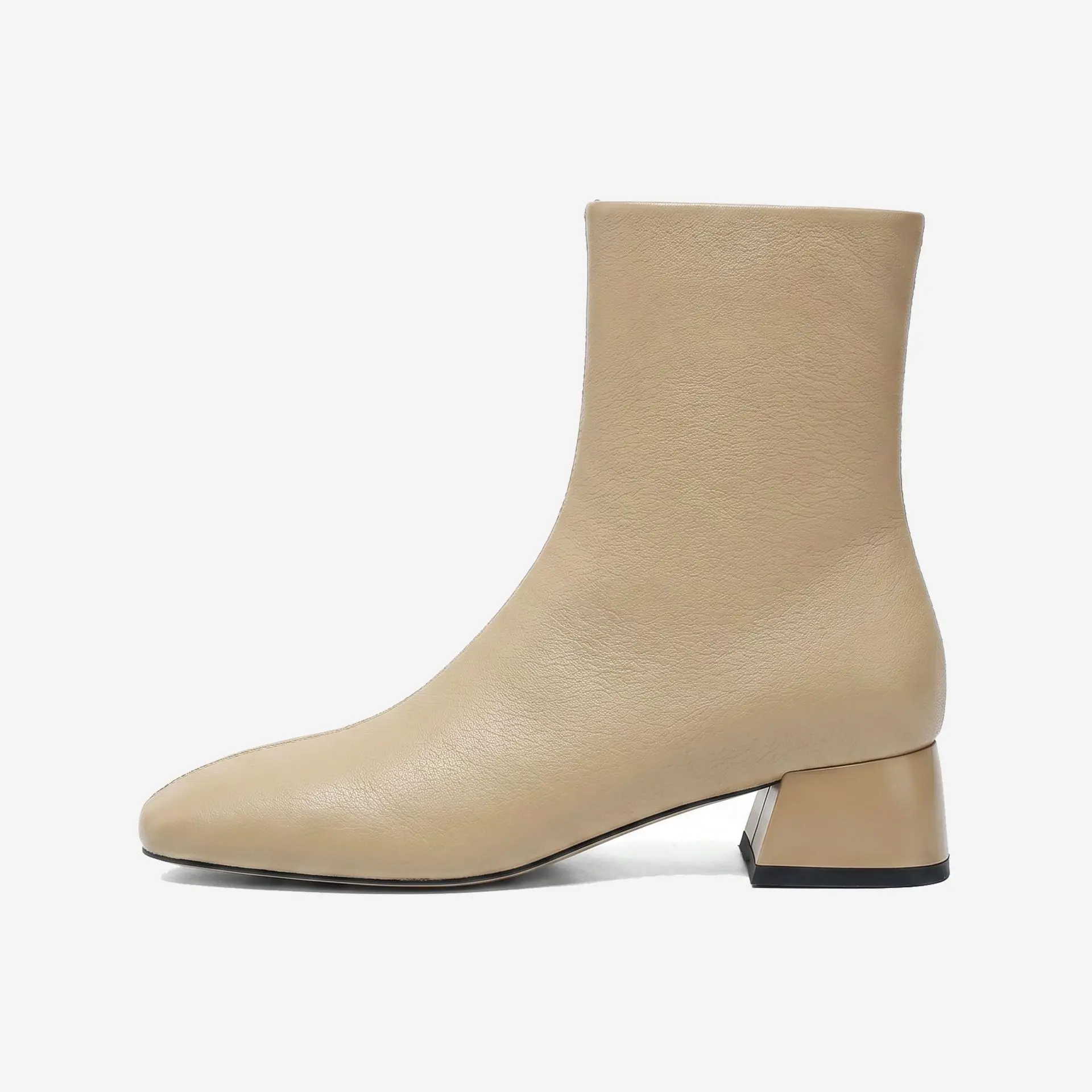 Botines de tacón grueso con punta cuadrada para mujer, de piel suave color albaricoque, con cremallera lateral, versátiles y elegantes para el día a día.