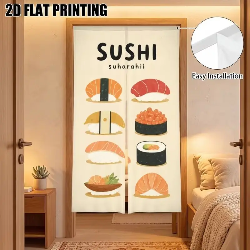 VIKAMA Sushi Half-Door Curtain, Cute Cartoon Sushi and Salmon Print Fabric Curtain, Kitchen and Home Decor
