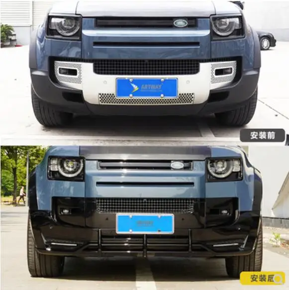 PP Gloss Black Bumper Front Splitters Lip + Side Aprons Angle With LED DRL Lamp For Land Rover Defender 2020 2021 2022 2023