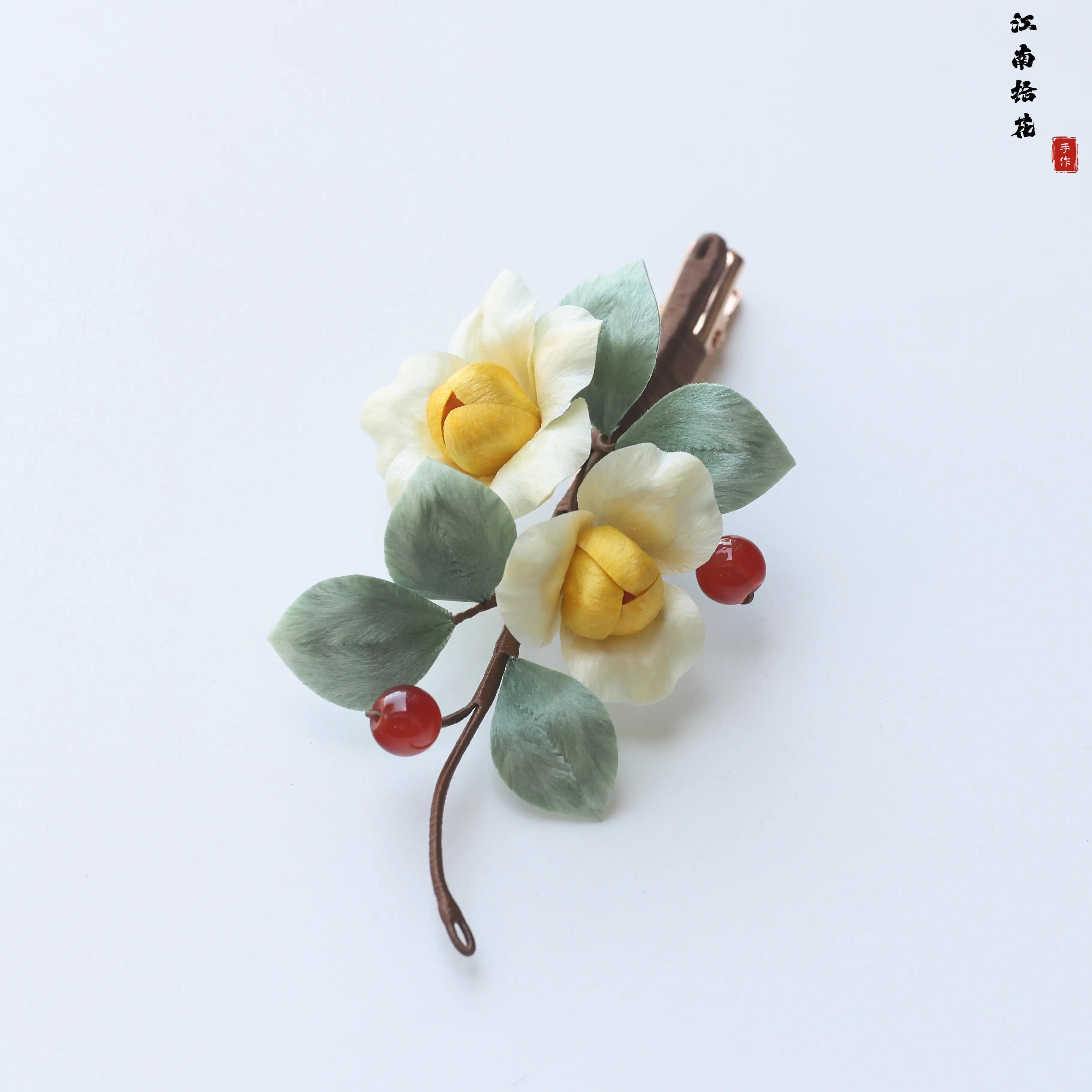 Handmade Intangible Heritage Yellow Camellia Sandalwood Hairpin, Vintage Hair Accessory for Hanfu Qipao, Gift