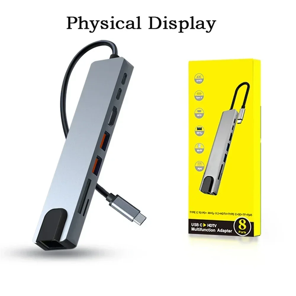 

Концентратор типа C 8 в 1, USB C, совместимый с 4K HDMI-адаптером с устройством чтения карт RJ45 SD/TF PD, быстрая зарядка для портативного компьютера