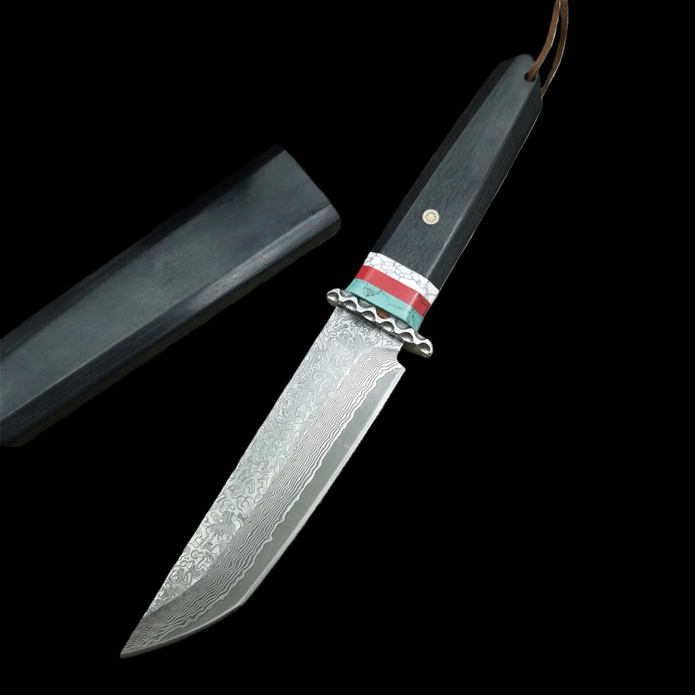 Damasco balde ébano alças faca de caça tática com bainha de madeira, ferramentas edc de acampamento ao ar livre com caixa de presente