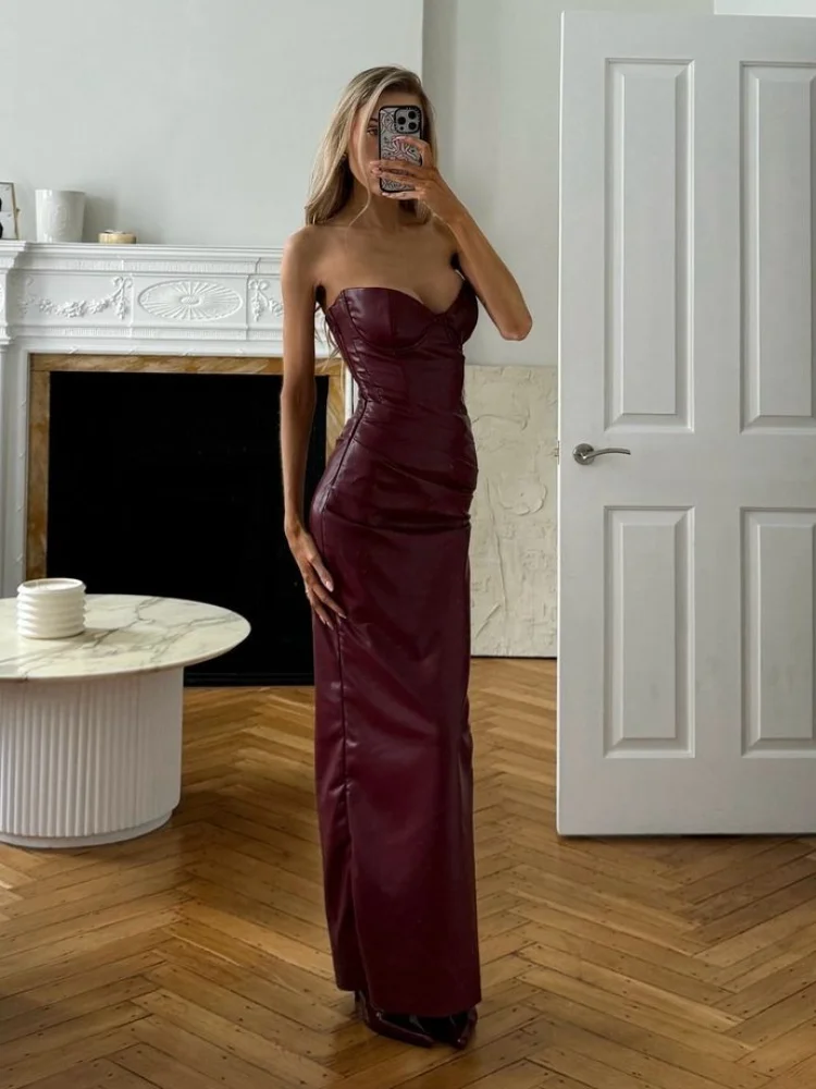 

Vintage Burgundy Red Sleeveless Backless Maxi Dress Fashion Bodycon Off-shoulder Pleated Dresses New Lady Club Party Vestidos