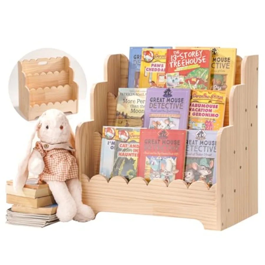 

Bookshelf Storage 3-Tier Book Case for Rooms Scalloped Wooden Montessori Bookcase for Toddlers and Baby Small Nursery and Class