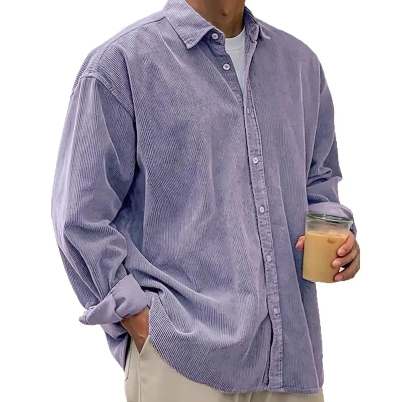 

Mens Casual Corduroy Shirt Loose Fit Solid Color Daily Wear Comfortable Lapel Design