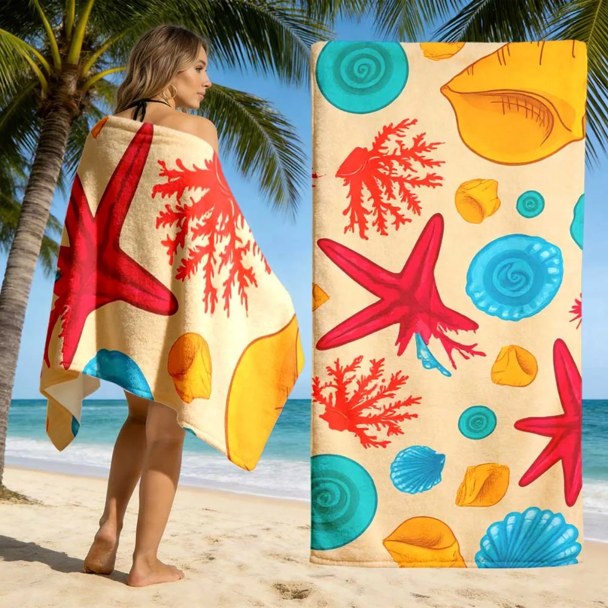 

Sea Shell Starfish Beach Towel Unisex Lightweight for Pool Diving Surfing Bath Camping Summer Essential Gift